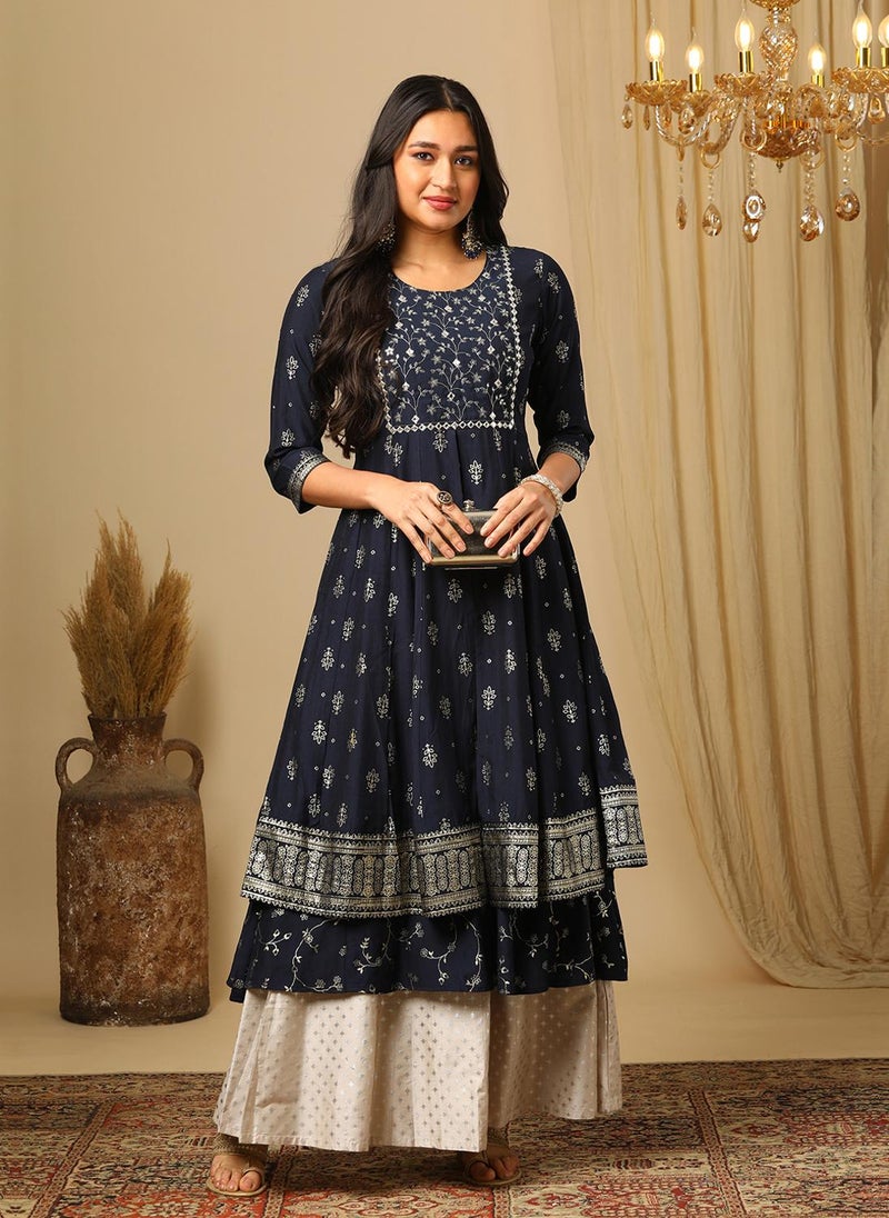 Globus Women Ethnic Motifs Printed Flared Sleeves Block Print Anarkali Festive Kurta - Image 1